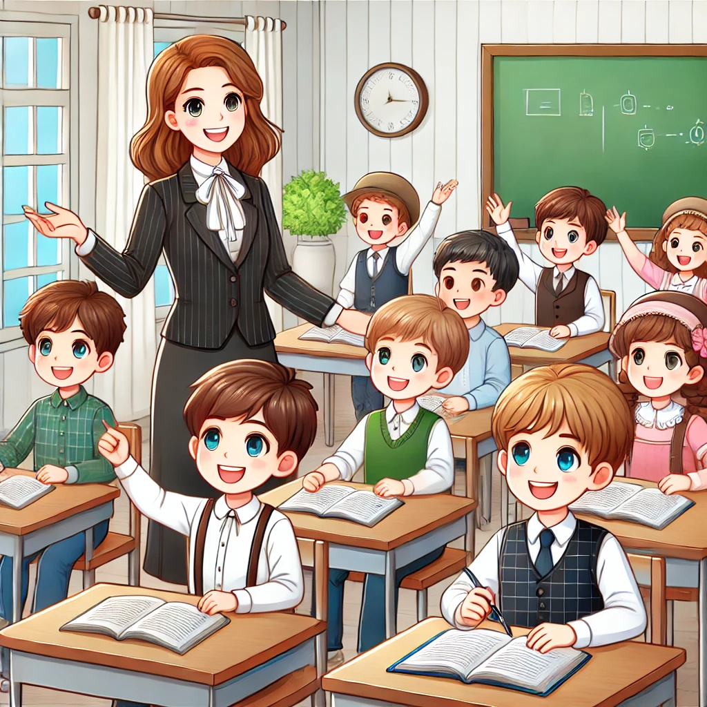 DALL·E 2024-07-05 14.29.19 - A joyful classroom scene with young students being taught by an adult teacher, set in a Western country. The students are Caucasian, and the